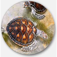 Design Art 'Sea Turtles in Nursery' Animal Glossy Large Disk Metal Wall Brown