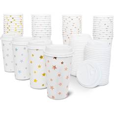 48x Cute Insulated Disposable Paper Coffee Cups with Lids Foil Stars Design 16oz White