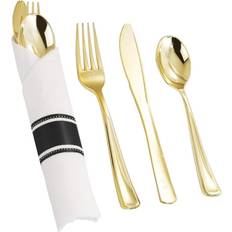 Gold Disposable Flatware Smarty Shiny Metallic Gold Plastic Cutlery in White Napkin Roll Set 100ct