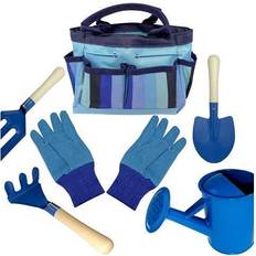 Kids Gardening Tool Set Wooden Handles and Safety Edges Shovel, Rake & Pitch Fork Plus Watering Can, Garden Gloves Canvas Bag. Blue