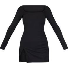 PrettyLittleThing Short Dresses PrettyLittleThing Ribbed Split Hem Square Neck Long Sleeve Bodycon Dress - Black