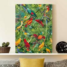 Holz Wanddekos Leinwandbild Bunte Collage Papageien Im Dschungel Wanddeko