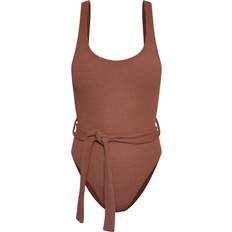 PrettyLittleThing Tie Waist Crinkle Swimsuit - Chocolate