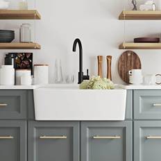 Kitchen Sinks DEERVALLEY Perch White Ceramic Single Farmhouse Kitchen Sink with Grid Strainer