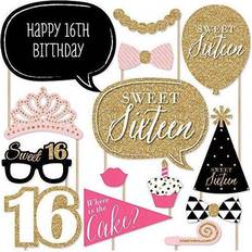 Chic 16th Birthday Pink, Black and Gold Photo Booth Props Kit 20 Count