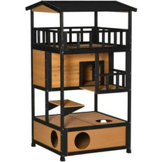 Pawhut Wooden Cat House, Feral Cat Shelter Kitten Tree with Roof, Escape
