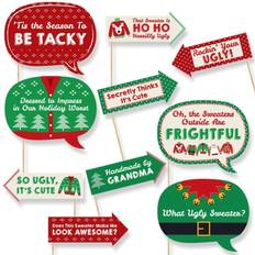 Funny Ugly Sweater Holiday Christmas Party Photo Booth Props Kit 10 Piece Red Red