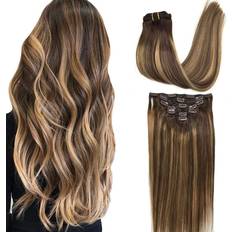 Real Hair Clip-On Extensions Goo Goo Clip-in Hair Extensions 16 inches #4/27/4 Balayage Chocolate Brown to Caramel Blonde