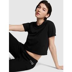 Pink Clothing Pink Cotton Cropped Short Sleeve T-Shirt, Black, Women's Tops