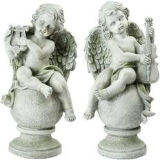 Northlight Set of 2 Cherub Angels with Violin Harp on Finials Garden Statues 15.25"