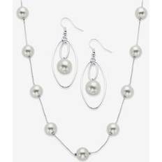 Jewelry Sets Women's Simulated Pearl Silvertone 2-Piece Station Necklace And Drop Earring Set 18"-21" by PalmBeach Jewelry in White