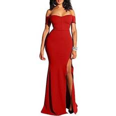 YMDUCH Women's Off Shoulder High Split Evening Gown - Red