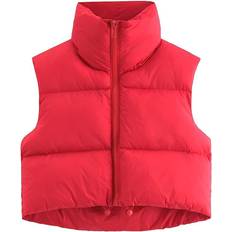 Fuinloth Women's High Stand Collar Lightweight Zip Crop Puffer Gilet - Red