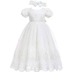 Glamulice Baby Girl's Christening Baptism Floral Embroidered Dress & Handmade Headband - Off White