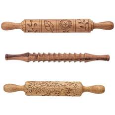 Creative Co-Op Storied Hand-Carved Wood Rolling Pin Set of 3 Styles Figurine