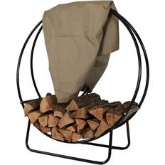 Fireplace Accessories Sunnydaze Decor 24 in. Steel Firewood Log Hoop Rack in Black with Khaki Cover