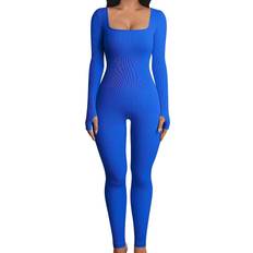 OQQ Ribbed Long Sleeve Sport Jumpsuits - Blue