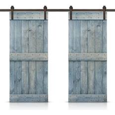 CALHOME 60 84 Mid-Bar Pre-Assembled Denim Blue Stained Wood Interior Double Sliding Door with Hardware Kit