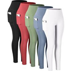 Chrleisure High Waisted Tummy Control Workout Yoga Pants 5-pack - Black/Raspberry Red/Green/Blue/White