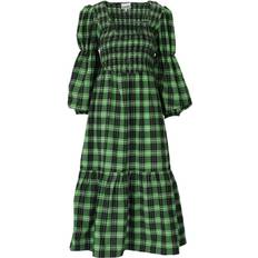 Ganni Seersucker Check Midi Dress - Green