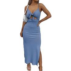 Lyaner Women's Tie Knot Cut Out Side Split Hem Sleeveless Knit Bodycon Maxi Dress - Blue