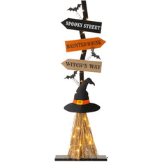 GlitzHome Lighted Wooden Witch's Broom Halloween Porch