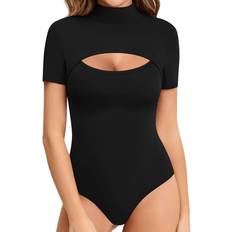 Mangopop Women Mock Neck Cutout Front Short Sleeve Bodysuit - Black
