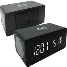 Black Alarm Clocks Zummy Wood Digital LED Alarm Clock Thermometer Charger Bluetooth Speaker