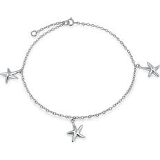 Bling Jewelry 3 Trio Multi Starfish Charm Anklet Link Ankle Bracelet - Silver/Transparent