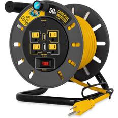 Cable Reels Camco Power Grip 50-Foot Camper/RV Extension Cord Reel with USB Charging Ports Multiple Built-in Power Outlets Provides an Extended Length to Power Equipment & Devices 55291