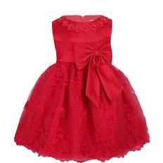 Renvena Toddler Embroidered 3D Flower Dress Princess Pageant Christening Baptism Party - Red