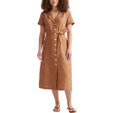 Quince European Linen Button Front Dress - Golden Brown