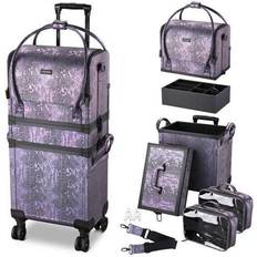 Telescopic Handle Beauty Cases BYOOTIQUE Purple Makeup Train Case Lockable Rolling Cosmetic