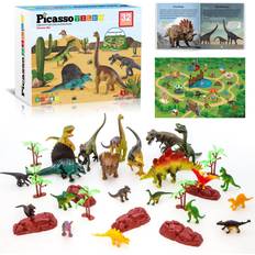 Picasso Tiles 32pc Dino Figures with Play Mat, Beige Over