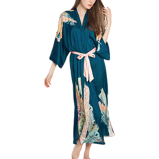 Kim+Ono Peacock Feather Long Kimono Robe - Teal