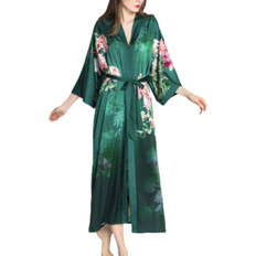 Kim+Ono Coral Chrysanthemum Long Kimono Robe - Emerald