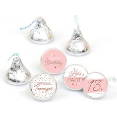 Big Dot of Happiness 13th pink rose gold birthday party round candy labels fit chocolate candy 108 ct