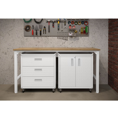 Work Benches Manhattan Comfort 3-Piece Fortress Mobile Garage Cabinet & Worktable Set, White