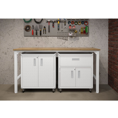 Work Benches Manhattan Comfort 3-Piece Fortress Mobile Garage Cabinet & Worktable Set, White