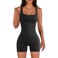 OQQ Women's Yoga Rompers Workout Ribbed - Black