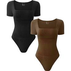 OQQ Sexy Ribbed One Piece Square Neck Short Sleeve Bodysuits 2-pack - Black Coffee