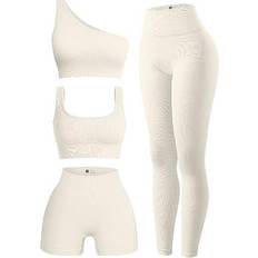 OQQ Workout Outfits for Women 2 Piece Ribbed One Shoulder High  Waist Shorts With Sports Bra Exercise Set Beige : Sports & Outdoors