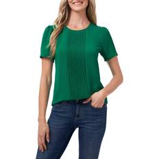 CeCe Women's Pin-Tucked Front Short Sleeve Crew Neck Blouse - Lush Green