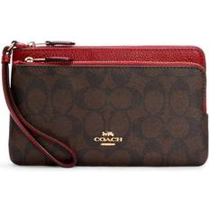 Coach Double Zip Wallet In Signature Canvas - Gold/Brown/Red