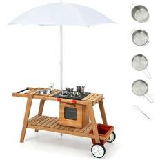 Costway Role Playing Toys Costway Wooden Play Cart with Sun Proof Umbrella for Toddlers Over 3 Years Old