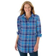Woman Within Plus Perfect Long Sleeve Shirt in Evening Blue Pretty Plaid Size 3X