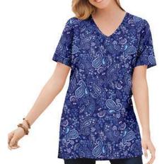 Plus size evening tops Woman Within Perfect Printed Short-Sleeve Shirred V-Neck Tunic Plus Size - Evening Blue Paisley