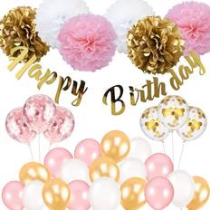 Birthday Decorations, Birthday Party Supplies Kit for Girls Women Happy  Birthday Banner Pink Teal Latex Balloons Tissue Paper Pom Pom Star Garland  Hanging Swirls Birthday Decor for 13th 16th 18th 21st 