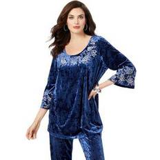 Plus size evening tops Roaman's Plus Embroidered Velour Top by in Evening Blue Vines Size 30/32