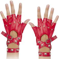 Halloween Accessories Skeleteen fingerless faux leather gloves red biker punk gloves with belt up